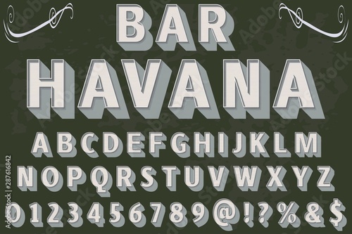 3d abc Font alphabet Script Typeface handcrafted handwritten vector label design old style.Shadow Effect.vintage Hand Drawn.Retro Typography.Vector Illustration.bar havana