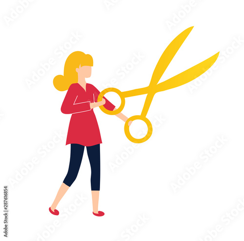 The girl cuts with scissors. Illustration for a sewing studio or hairdresser