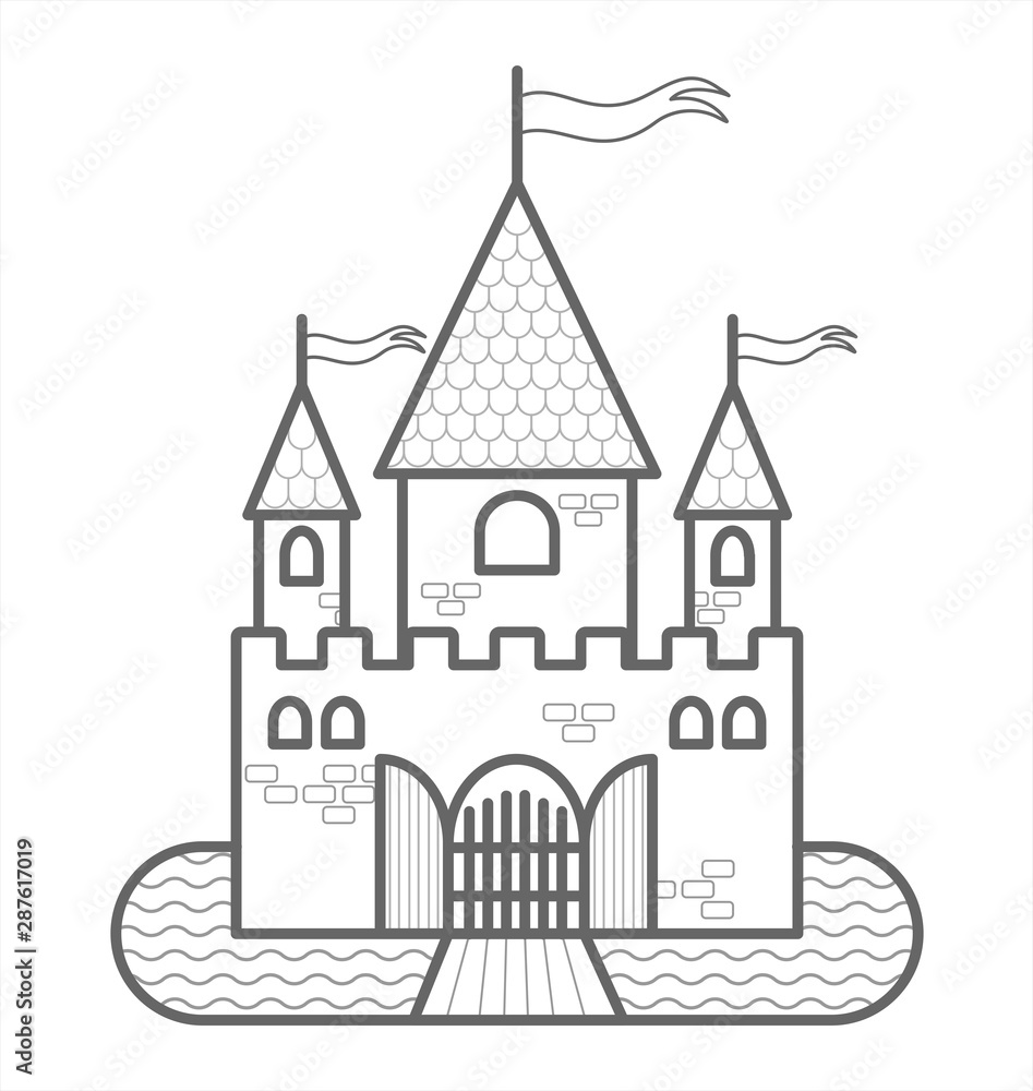 Fairytale Castle With Three Towers, With Flags, Gates, Moat, Drawbridge. Outline Vector Image. For Children's Coloring Book. The Contour Of A Medieval castle. The Stylized Castle.