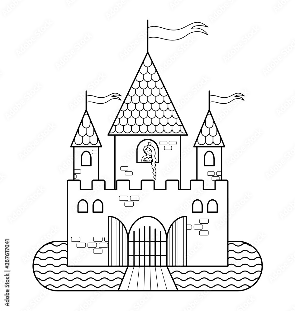 Fairytale Castle With A Princess, With Three Towers, With Flags, Gates, A Moat, Drawbridge. Outline Vector Image For Children's Coloring. The Contour Of A Medieval Castle. Princess With Long Hair.