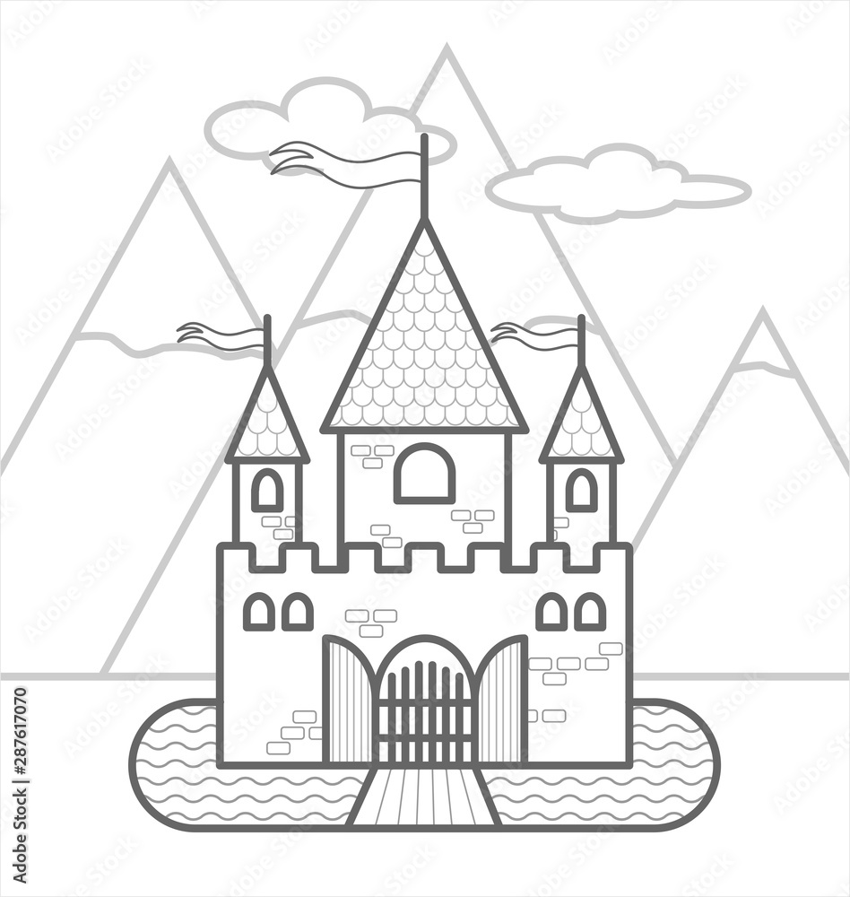 Fairytale Castle Against The Backdrop Of Mountains With Three Towers, With Flags, Gates, A Moat, Drawbridge. Outline Vector Image For Children's Coloring. The Contour Of A Stylized Medieval Castle.