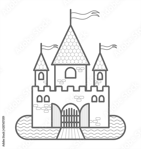 Fairytale Castle With Three Towers, With Flags, Gates, Moat, Drawbridge. Outline Vector Image. For Children's Coloring Book. The Contour Of A Medieval castle. The Stylized Castle.