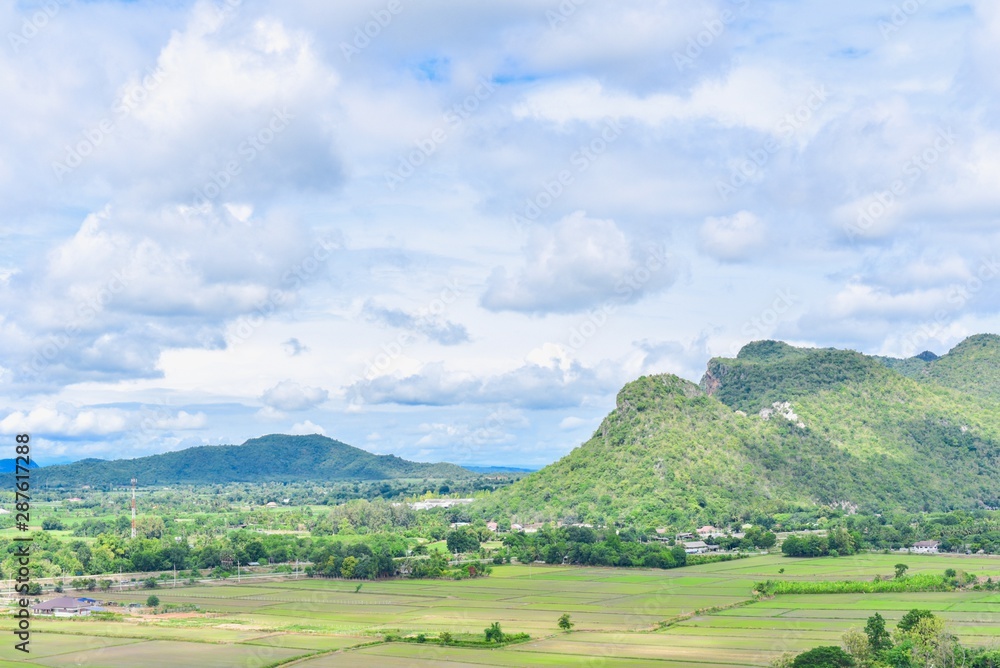 Scenery of Green Mountains and Rice Paddy Fields in Kanchanaburi