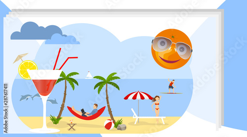 Summer scene, group of people, family and friends relax and sunbathe on the beach with a glass of cocktail. The sun in the form of an orange against the backdrop of a sea