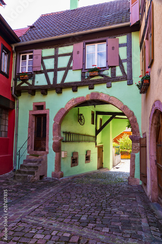Medieval town. Ancient houses ofl village Kaysersberg. Alsace Wine Route. France.
