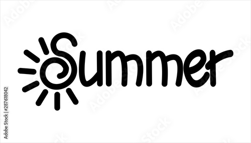 Summer. Handwritten Word Lettering. The letter S in the form of the sun with rays. Stylized sun. Vector Image Isolated on white background.