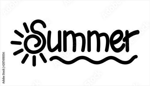 Summer. Handwritten Word Lettering. The letter S in the form of the sun with rays. Stylized sun and sea. Vector Image Isolated on white background.