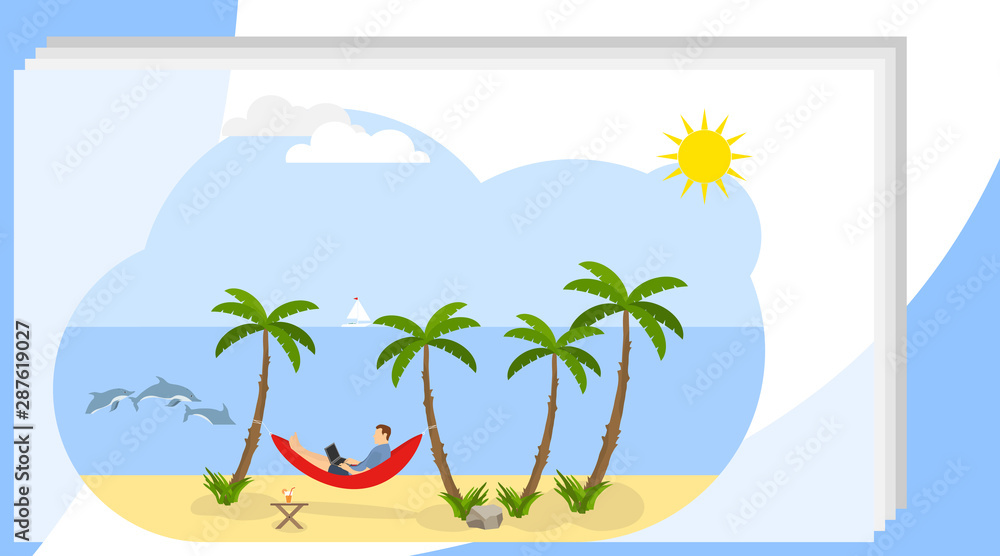 Freelancer works on the beach. A freelancer man is lying on a beach in a hammock against the backdrop of a sea landscape. Vector illustration