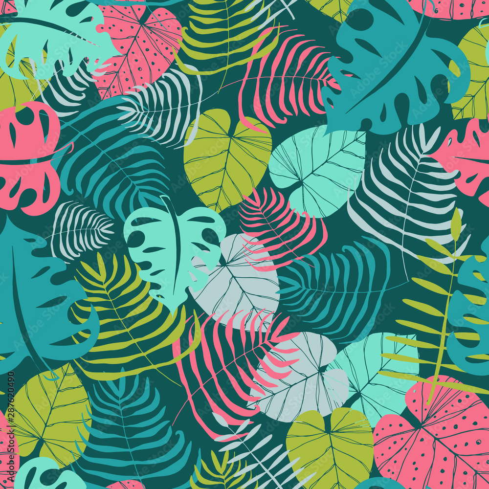 Seamless vector pattern repeat of hand-drawn tropical leaf motifs Seamless vector pattern repeat of hand-drawn tropical leaf motifs