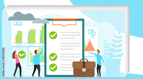 Financial survey, financial reporting. Mini people go through a financial survey. A man and a woman are considering financial indicators. Vector illustration
