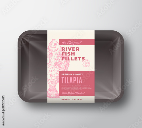 The Original Fish Fillets Abstract Vector Packaging Design Label on Plastic Tray with Cellophane Cover. Modern Typography and Hand Drawn Tilapia Silhouette Background Layout.