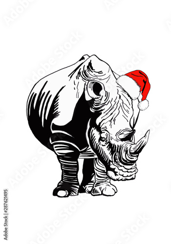 Graphical rhino  in Santa Claus hat isolated on white background,vector new year illustration