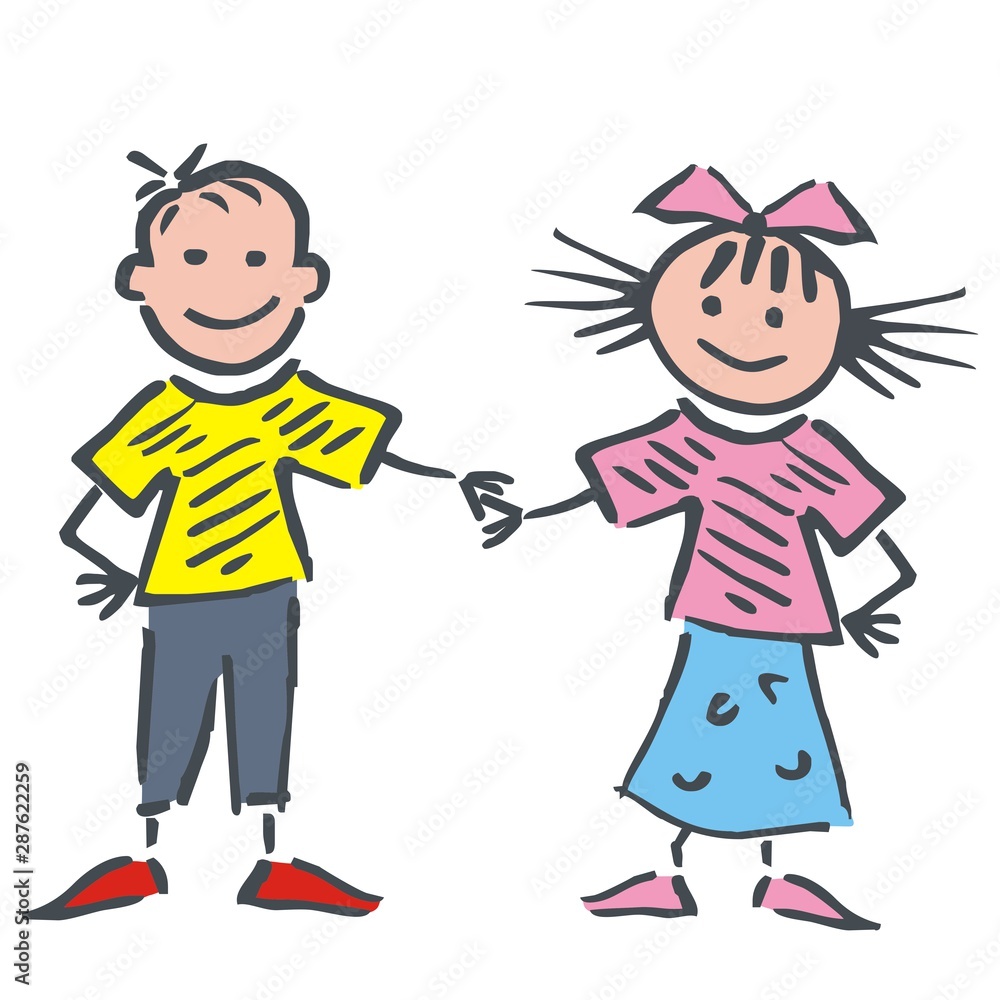 Two happy little children, small smiling girl and boy, funny vector illustration. Dancing pair. Hand drawing picture. Two happy little children, small smiling girl and boy, funny vector illustration. Dancing pair. Hand drawing picture.