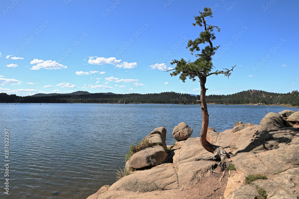 Beautiful Dowdy lake, part of Red Feather lakes recreation area near Fort Collins, Colorado, on the bright sunny day