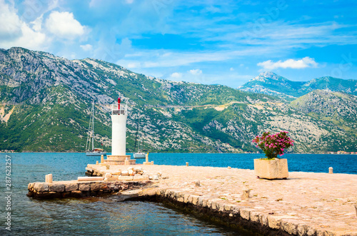 Fototapeta Naklejka Na Ścianę i Meble -  Beautiful mediterranean landscape. Our Lady of the Rock Island near town Perast, Kotor bay, Montenegro.