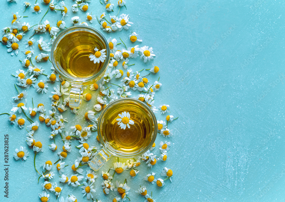 Infusion with chamomile flowers on blue background. Copy space. Flat lay.