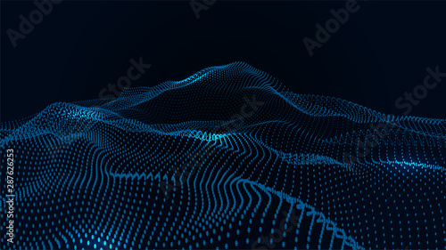 Abstract colour wave dots on black background. 3d. Big data. Network connection. Technology background.