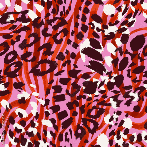 Abstract artisitc seamless pattern with sophisticated camouflage texture. Animal skin leopard spots fur with zebra stripes skin background. Trendy stripes animal pattern. Good for fabric and textile.