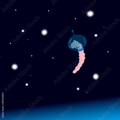 a small pink cartoon worm in a spacesuit flies in space among the stars.