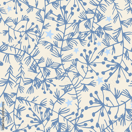 Vector botanical seamless pattern. Field herbs, stems and stars. Delicate floral background for fabric, textile, fashion design, surface or wrapping.