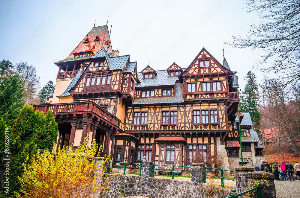 Fototapeta premium Beautiful Pelisor castle in Sinaia, Carpathian Mountains, Romania, Europe. Pelisor castle situated next to the Peles castle.