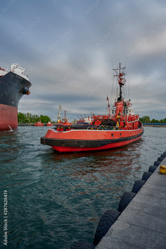 Fototapeta premium Red Tug Seascape, Gdansk port, Poland