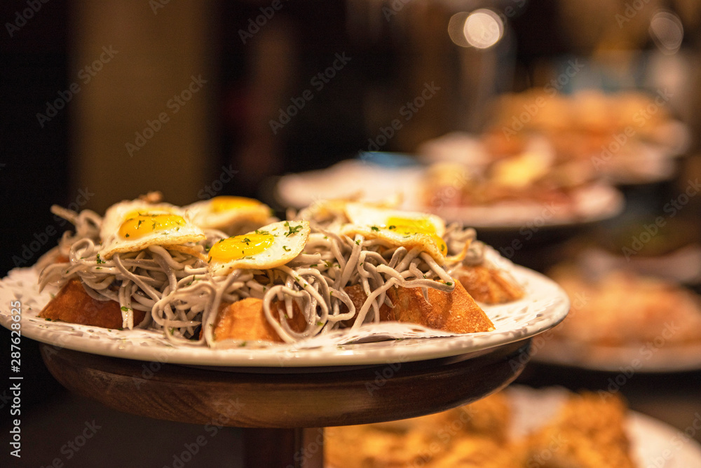 Close-up view of wide variety of tapas in Spain Close-up view of wide variety of tapas in Spain