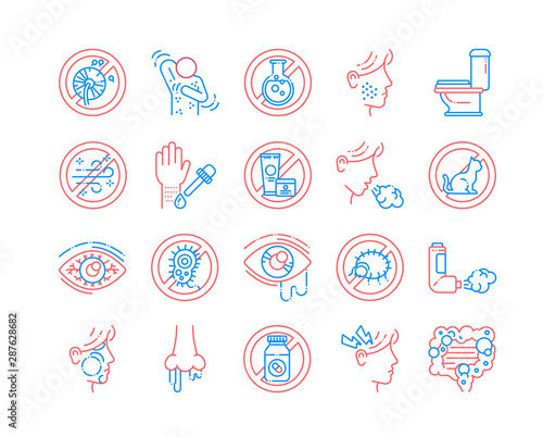 Allergy and symptoms line color icons set. Dermatological, infectious disease. Food intolerance.