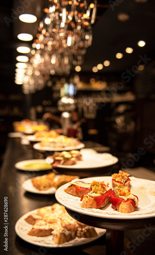 Close-up view of wide variety of tapas in Spain