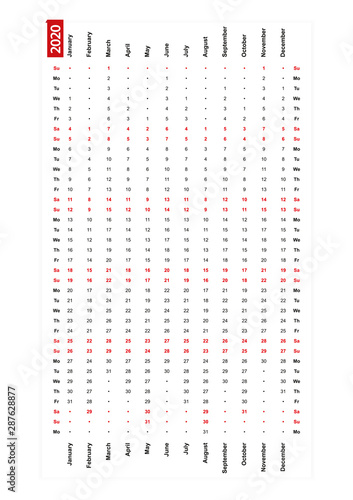 One row vertical calendar 2020, sunday first day of the week.