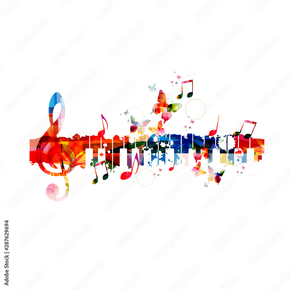 Colorful piano keyboard with music notes isolated vector illustration design. Music background. Piano poster with music notes, festival poster, live concert events, party flyer - obrazy, fototapety, plakaty 
