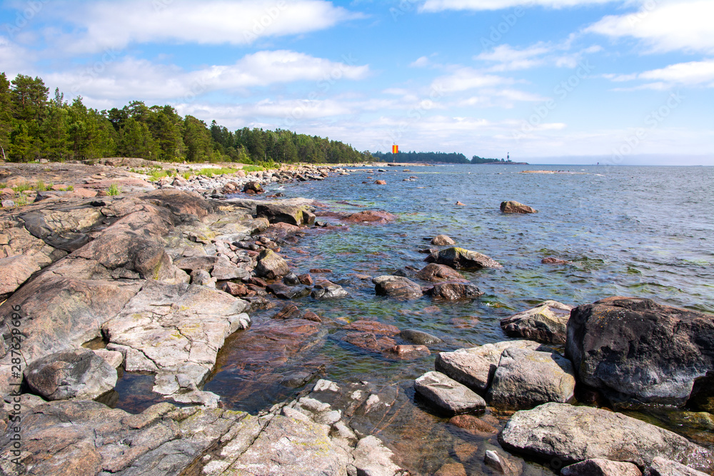 View of the rocky shore of Gasgrund (Gåsgrund) island and Gulf of Finland, Suvisaaristo area, Espoo, Finland
