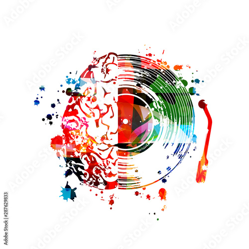 Music background with colorful human brain and vinyl record disc isolated vector illustration design. Artistic music festival poster, music events, party flyer