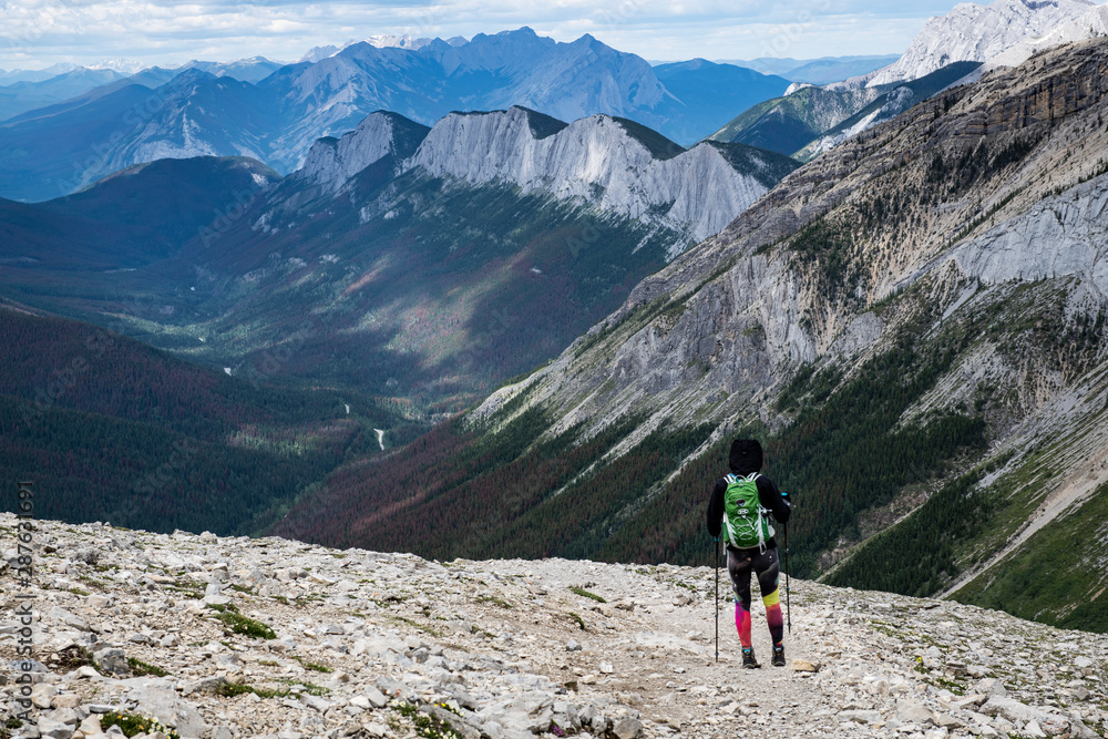 Woman hiking a trail of the Canadian Rockies in Jasper National Park, Alberta, Canada