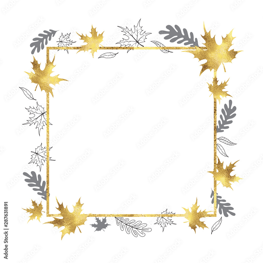 Autumn frame with isolated golden square frame and gold style and outline autumn leaves. Vector fall poster background. Autumn frame with isolated golden square frame and gold style and outline autumn leaves. Vector fall poster background.