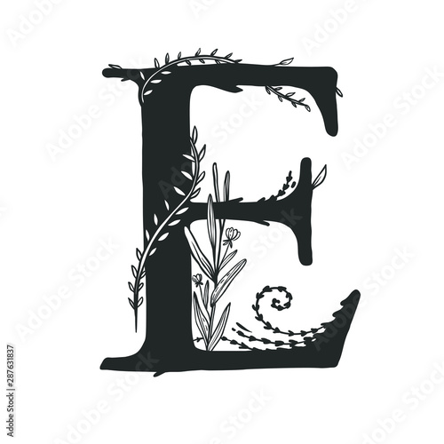 Vector hand drawn monogram, uppercase letter "E" with floral elements.