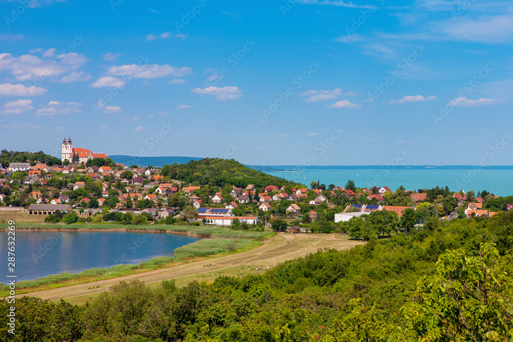 Beautiful travel background for Lake Balaton with Tihany abbey and the inner lake viewed from the geysers