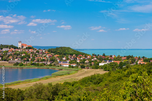 Beautiful travel background for Lake Balaton with Tihany abbey and the inner lake viewed from the geysers
