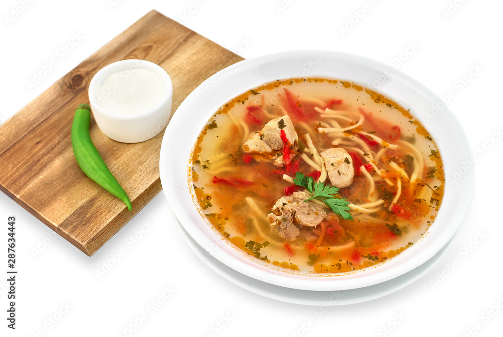 Quail Noodle Soup, Homemade Broth with Noodles and Vegetables Served with Bread Rolls, Comfort Food, Zeama, Traditional Moldavian and Romanian Soup