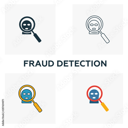 Fraud Detection icon set. Four elements in diferent styles from fintech icons collection. Creative fraud detection icons filled, outline, colored and flat symbols