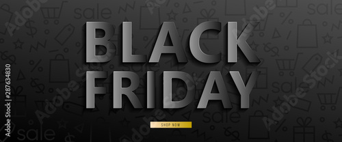 Black horizontal banner for sales on Black Friday. Black friday 3d text. Vector banner for shop, web, store, business and other. Vector EPS 10