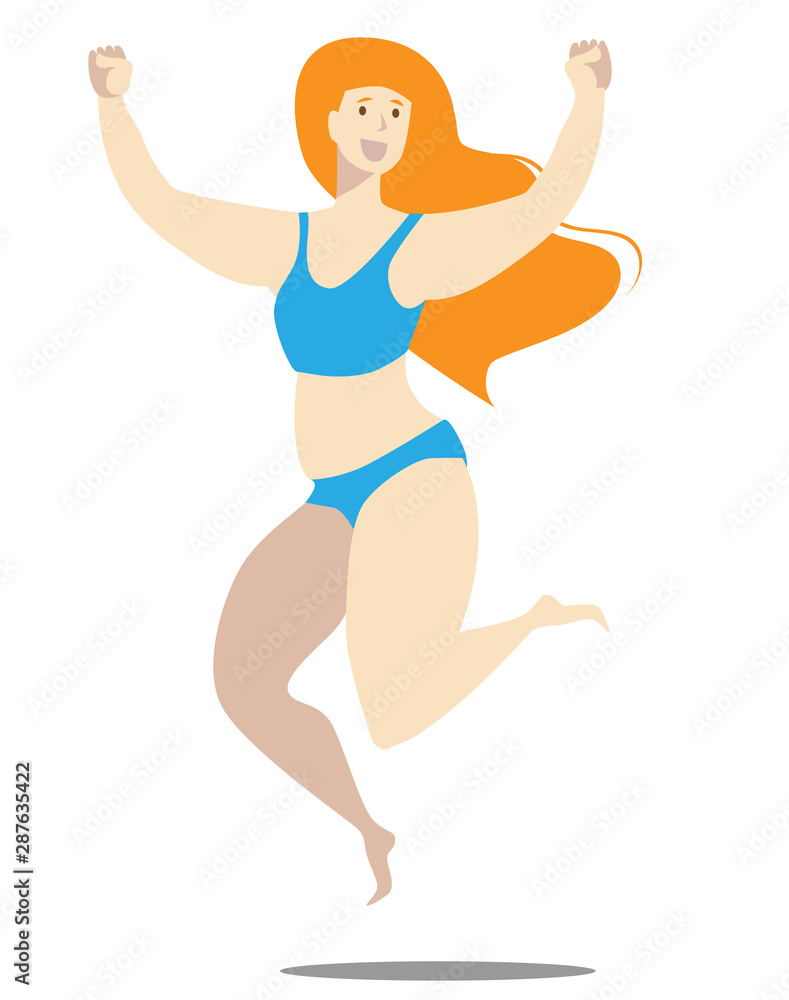 Thick girl in a blue bathing suit jumps. Vector illustration on the theme of bodypositive. Thick girl in a blue bathing suit jumps. Vector illustration on the theme of bodypositive.