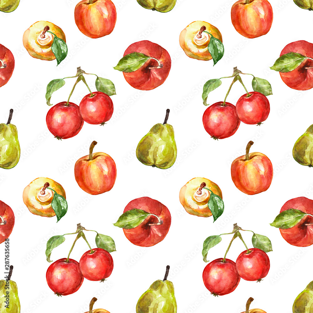 Watercolor fall seasonal fruits seamless pattern. Apples and pears, isolated on white background. Healthy food art print. Autumn harvest illustration. Watercolor fall seasonal fruits seamless pattern. Apples and pears, isolated on white background. Healthy food art print. Autumn harvest illustration.