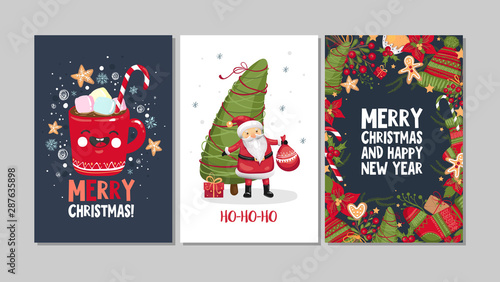 Collection of cute Merry Christmas and Happy New Year greeting cards. Set of hand drawn holiday posters templates, postcard design. Vector illustration EPS 10