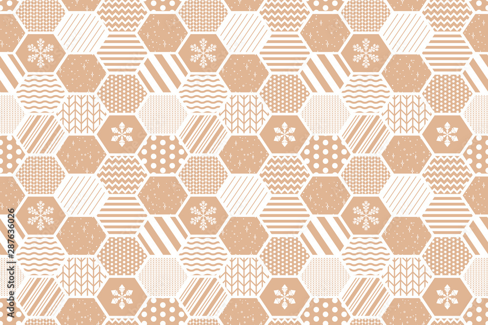 Vector honeycomb pattern in patchwork style. Christmas background