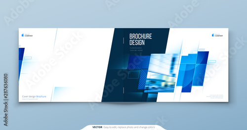 Blue Horizontal Brochure Cover Template Layout Design. Corporate Business Horizontal Brochure, Annual Report, Catalog, Magazine, Flyer Mockup. Creative Modern Brochure Concept with Square Shapes