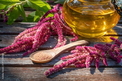 Amaranthus caudatus seeds with amaranth flowers and oil photo