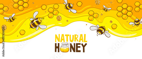 Horizontal banner with bees combs. Honey isolated on yellow background. Vector illustration EPS10