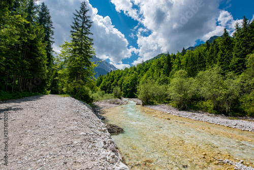 Triglav national natural Park in Slovenia, Pisnica valley. Hiking trails for tourists. Beautiful mountain landscape in the Julian Alps. photo