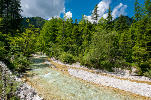 Triglav national natural Park in Slovenia, Pisnica valley. Hiking trails for tourists. Beautiful mountain landscape in the Julian Alps. photo